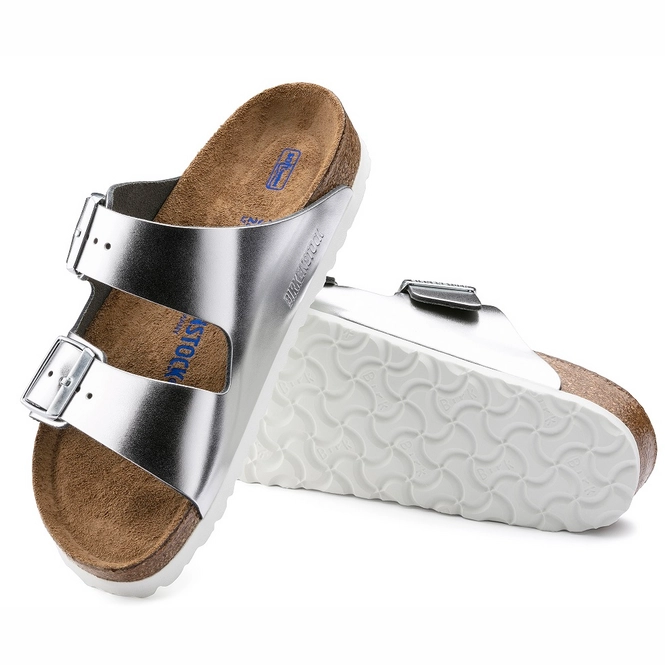 Pantolette Birkenstock Arizona Metallic Silver Narrow SFB Damen | Etrias.de