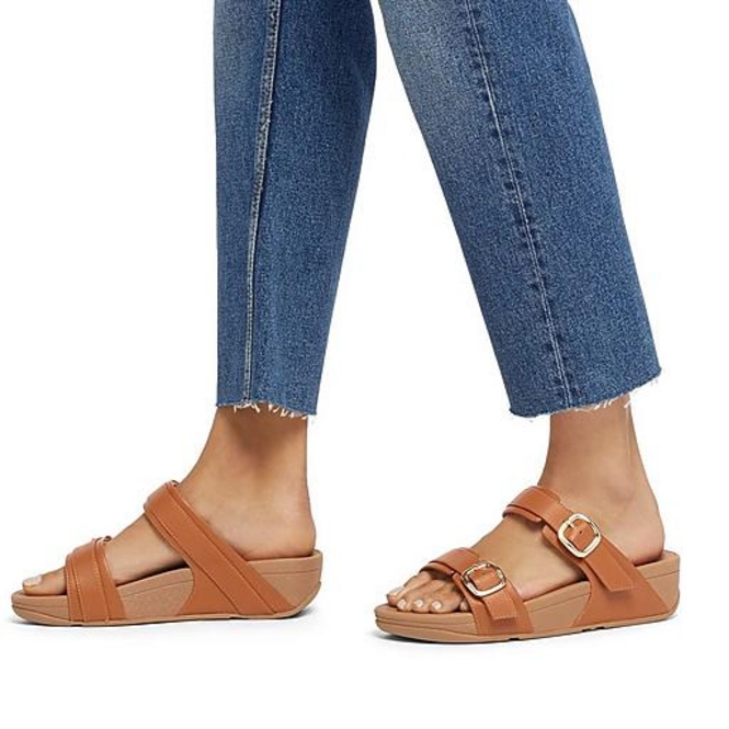FitFlop Women Lulu Adjustable Slide Leather Light Tan Schoenfashion