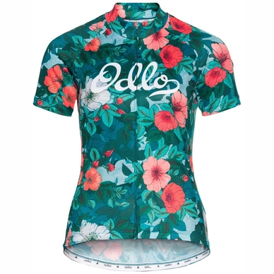 Fietsshirt Odlo Women Stand-Up Collar S/S Full Zip Element Balsam Flower Graphic