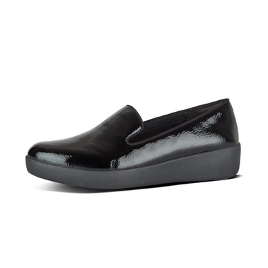 Mocassin FitFlop Audrey Crinkle-Patent Smoking Slippers Black