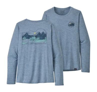 Long Sleeve Shirt Patagonia Women Capilene Cool Daily Graphic  Lands Steam Blue X-Dye