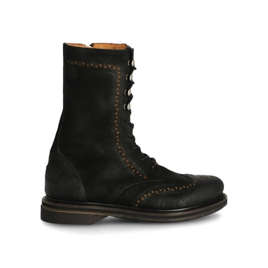 Shabbies Amsterdam Women Ankle Boot Lace Up And Zipper 2,5 CM Waxed Nubuck Black