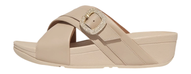 Sandalen FitFlop Lulu Crystal-Buckle Leather Cross Slides Damen Stone Beige