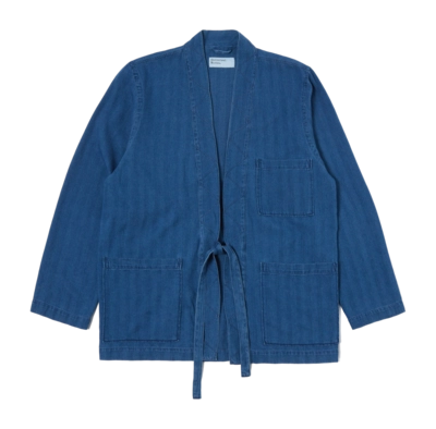 Jacke Universal Works Tie Front Herringbone Denim Herren Washed Indigo