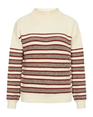 Pull Knowledge Cotton Apparel Women Lambswool Stripe Blocking Crew Neck Brown Stripe