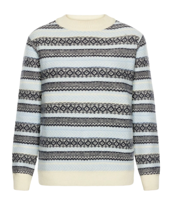 Pull Knowledge Cotton Apparel Women Lambswool Pattern Crew Neck Light Blue Stripe