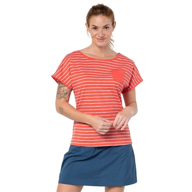 T-Shirt Jack Wolfskin Women Travel Striped Hot Coral Stripes