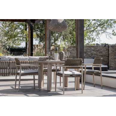 2---2023 M&L aged teak Jago chair camel belt - Lila table - Wes lamp shade pebble - Rik lounge sofa