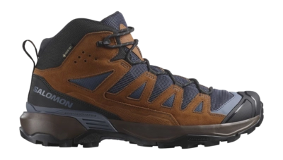 Wandelschoen Salomon Men X Ultra 360 Leather Mid GTX Blue Nights Caramel Cafe Grisaille
