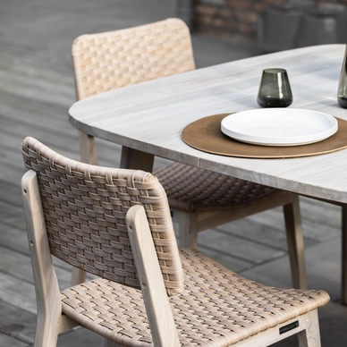 2023 M&L aged teak fibre Charlotte chair - Lennon table detail