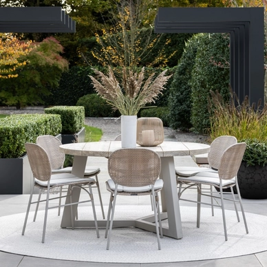 2023 M&L fibre aluminium Ferron dining chair - aluminium aged teak Dylan table