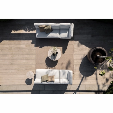 2023 M&L aged teak Rider lounge - aged teak Jago lounge chair- fibre Vidor coffee table linen - crochette pouffe moss - face to face