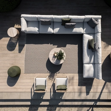 2023 M&L aged teak Rider lounge - aged teak Jago lounge chair- fibre Vidor coffee table linen - crochette pouffe moss(2)