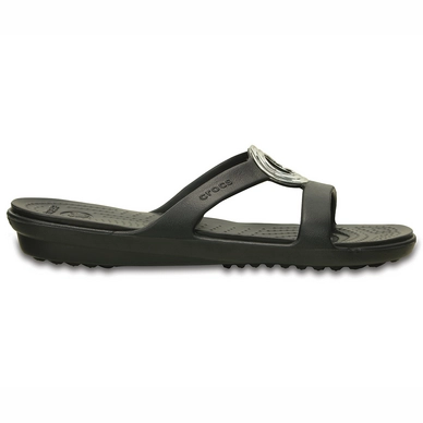 Flache Damenpantoletten Crocs Sanrah Beveled Circle Sandal Schwarz