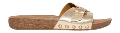 FitFlop Women iQushion Adjustable Buckle Metallic-Leather Slides Platino