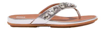 FitFlop Women Gracie Jewel-Deluxe Metallic-Leather Flip-Flops Silver