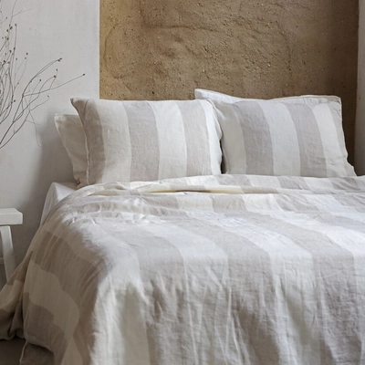 Bettwäsche Passion for Linen Noa Beige-Off White small stripe Gewaschenes Leinen