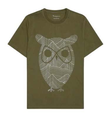 T-Shirt KnowledgeCotton Apparel Men Regular Mountain Owl Printed Burned Olive
