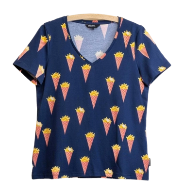 T-Shirt V-Neck SNURK Fries Navy Damen Blau