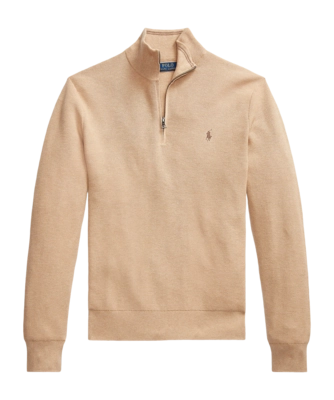 Pull Ralph Lauren Homme Maille Mesh Quart Zip Camel Melange