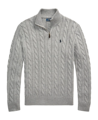 Sweater Ralph Lauren Men Cable Knit Cotton Quarter Zip Fawn Grey Heather