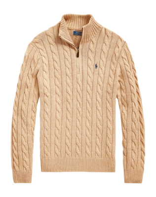 Pull Ralph Lauren Homme Cable Knit Cotton Quarter Zip Camel Melange