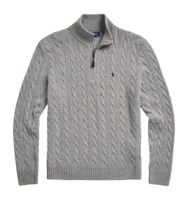Sweater Ralph Lauren Men Cable Knit Wool Cashmere Quarter Zip Fawn Grey Heather