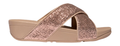 Slipper FitFlop Lulu Crinkled-Shimmer Cross Slides Damen Metallic Classic Beige