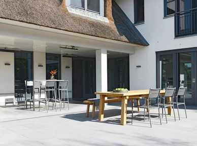3---2019 M&L alu Grace chair, bar chair and bar table - teak Abby table & bench (close-up)
