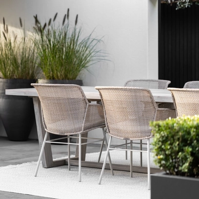 3---2023 M&L aged teak Lauren table - fibre Daley chair linen 2