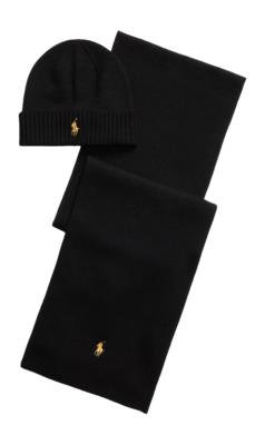 Bonnet & Écharpe Ralph Lauren Homme Merino Wool Gift Set Polo Black Gold PP