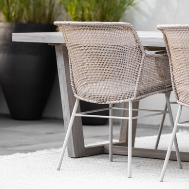 5---2023 M&L aged teak Lauren table - fibre Daley chair linen detail