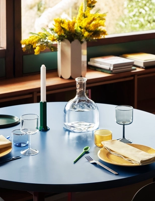 Arcs Candleholder L green_Tint Wine Glass clear_grey_Tint Glass light yellow with white rim_Tint Glass light blue with red rim
