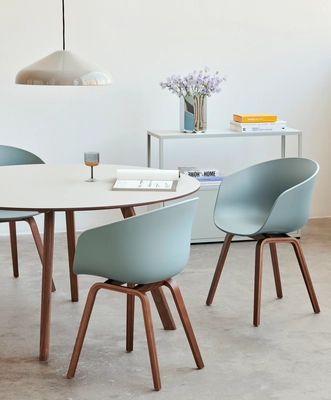 CPH 25 off white lino wb lacquer walnut base_AAC 22 dusty blue 2.0 shell wb lacquer walnut base_Pao Steel Pendant cool grey