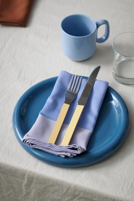 Barro Cup set of 2 light blue_Barro Plate 24 set of 2 dark blue_Ram Napkin lavender_MVS Cutlery set of 4 yellow