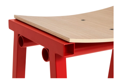 3---AE437-A406_Taburete 8 Bar Stool H75 wb lacquered oak veneer seat_signal red powder coated base_detail 01