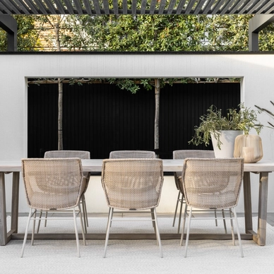 6---2023 M&L aged teak Lauren table - fibre Daley chair linen