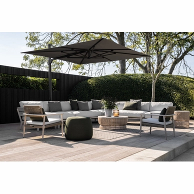 6---2023 M&L aged teak Rider lounge - aged teak Jago lounge chair- fibre Vidor coffee table linen - crochette pouffe moss - Vince parasol 