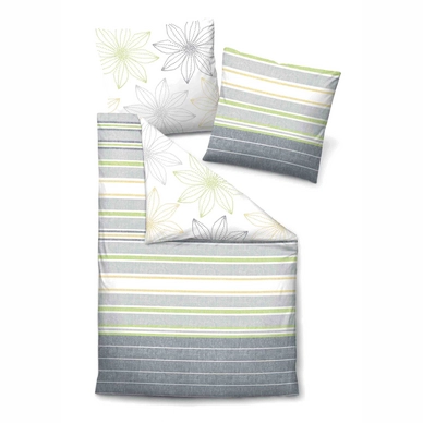 Bettwäsche Biberna Flower Stripe Grau Mako-Satin