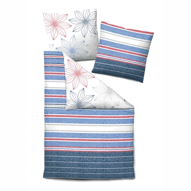 Bettwäsche Biberna Flower Stripe Blau Mako-Satin