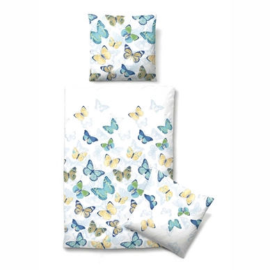 Bettwäsche Biberna Butterflies Azurblau Mako-Satin