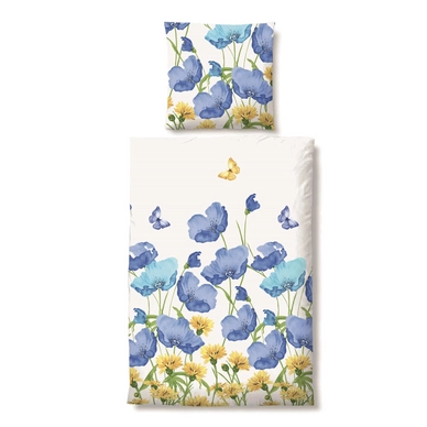 Bettwäsche Biberna Mohnblumen Blau Mako-Satin