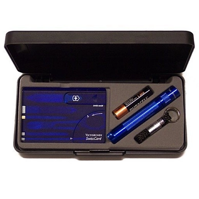 Zaklamp Solitaire Blauw + SwissCard Victorinox Quattro 10 Functies Maglite