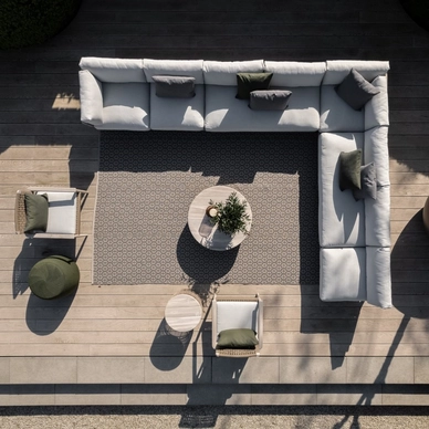 8---2023 M&L aged teak Rider lounge - aged teak Jago lounge chair- fibre Vidor coffee table linen - crochette pouffe moss