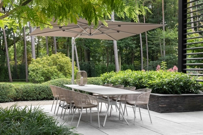 6---2024 M&L aluminium dekton Julia table linen Marmorio M4200-M4202 - Kane dining chair linen - Vince parasol