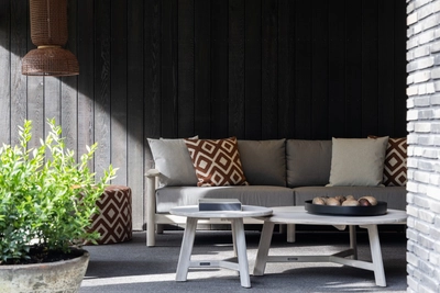2---2024 M&L aged teak rope Chase sofa graphite M4214 - Alan coffee side table - Kyle lamp shade large brick
