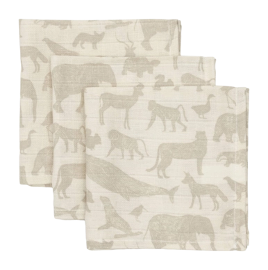 Serviettentuch Jollein Hydrofiel Mundtuch 31x31cm Animals Nougat (3er-Pack)
