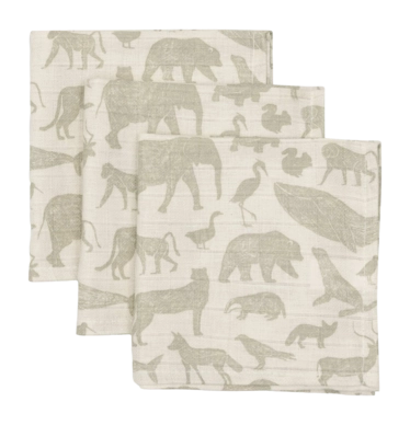 Serviettentuch Jollein Hydrofiel Mundtuch 31x31cm Animals Olive Green (3er Pack)