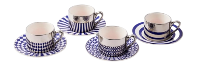 Set 4 Tazzine caffe con manico e piattini in porcellana POLSPOTTEN Aunty 90 ml, Blu scuro