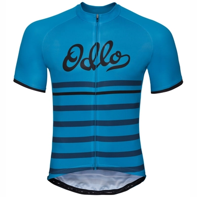 Fietsshirt Odlo Men Standup Collar S/S Full Zip Element Print Blue Jewel Retro
